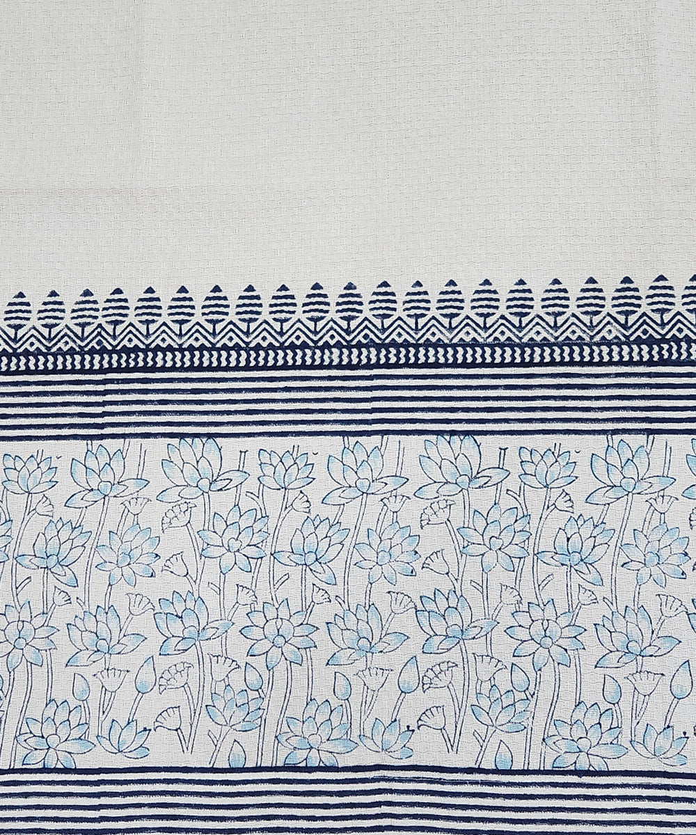 Block Printed Bath Towel | White & Indigo Lotus | Cotton Dobby