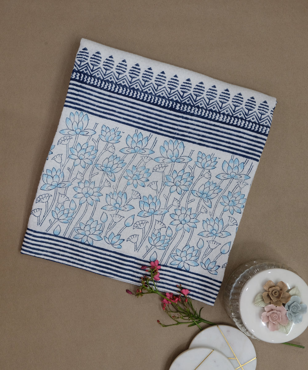 Block Printed Bath Towel | White & Indigo Lotus | Cotton Dobby