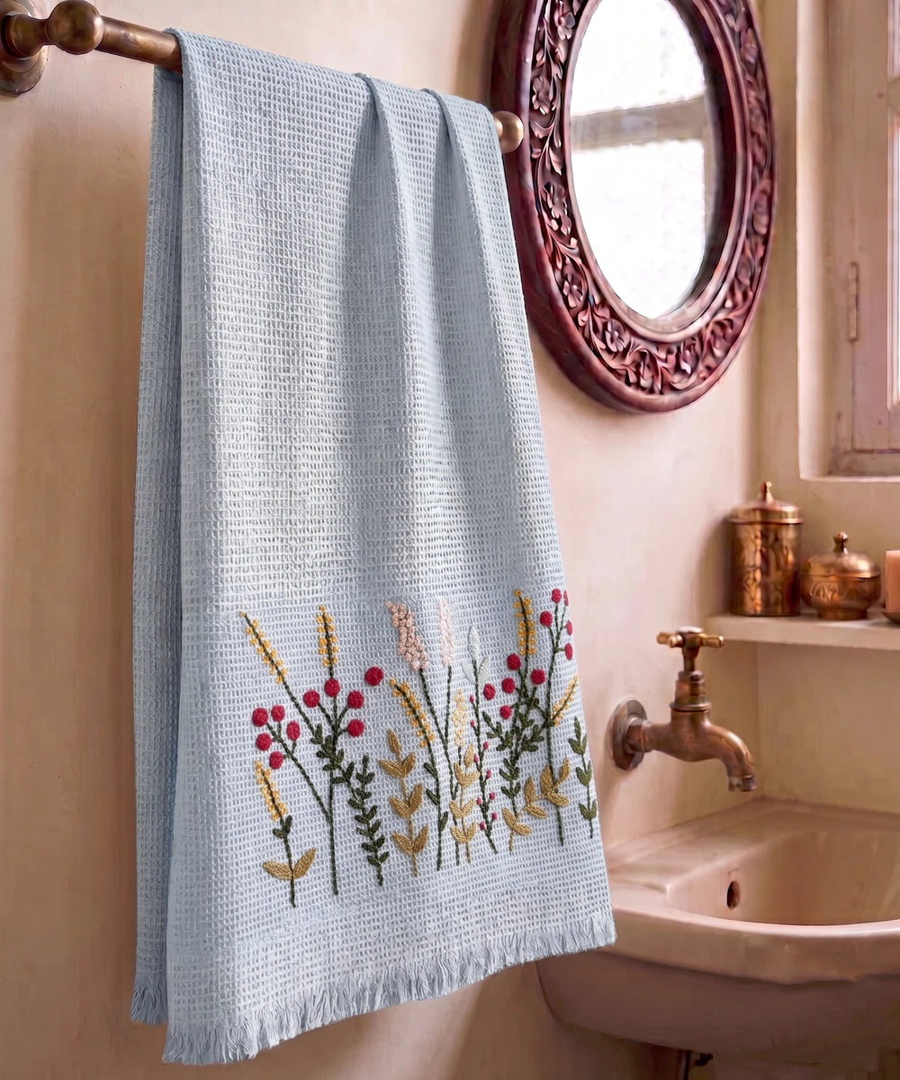 Embroidered Bath Towel | Soft Cotton Waffle | Purplish Blue