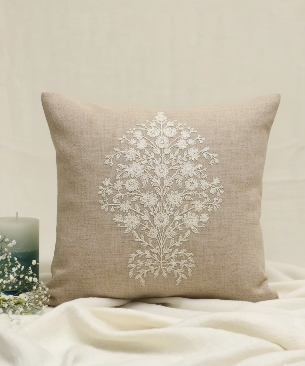 Beige with Ecru Floral Dori Embroidered Cushion Cover  (16x16 Inches)
