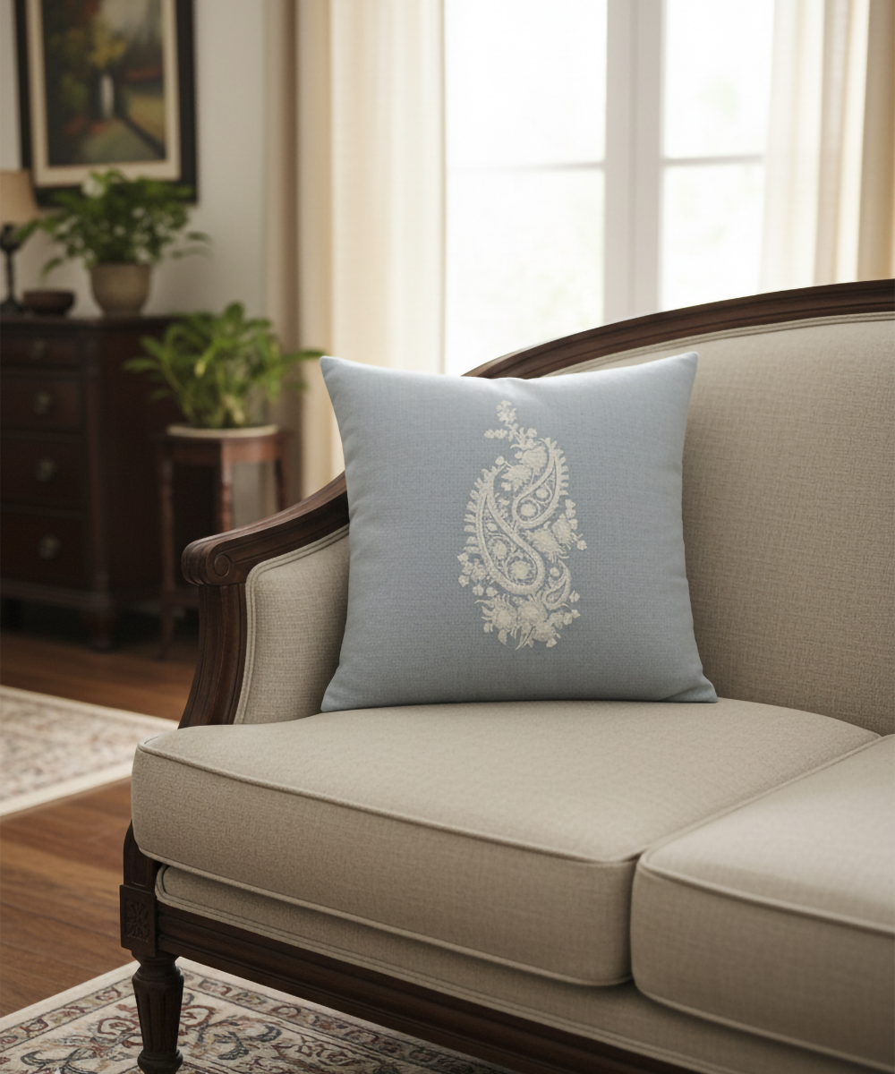 Powder Blue Ecru Double Paisley Embroidered Herringbone Cotton Cushion Cover (16x16 Inches)