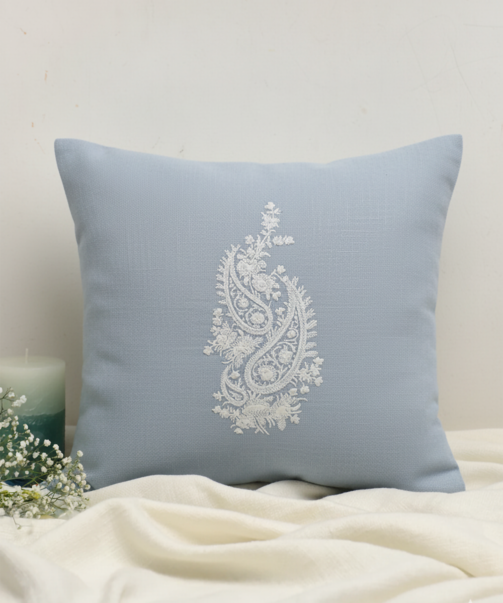 Powder Blue Ecru Double Paisley Embroidered Herringbone Cotton Cushion Cover (16x16 Inches)
