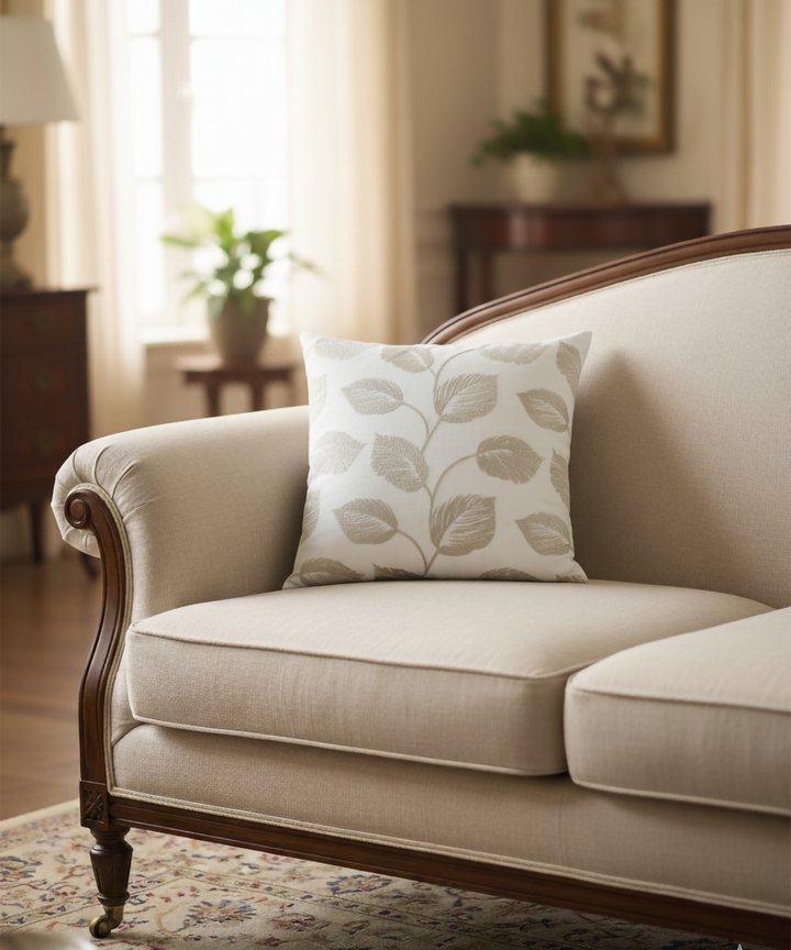 Cream & Beige Leaf All over Embroidered Cotton Cushion Cover (16x16 Inches)