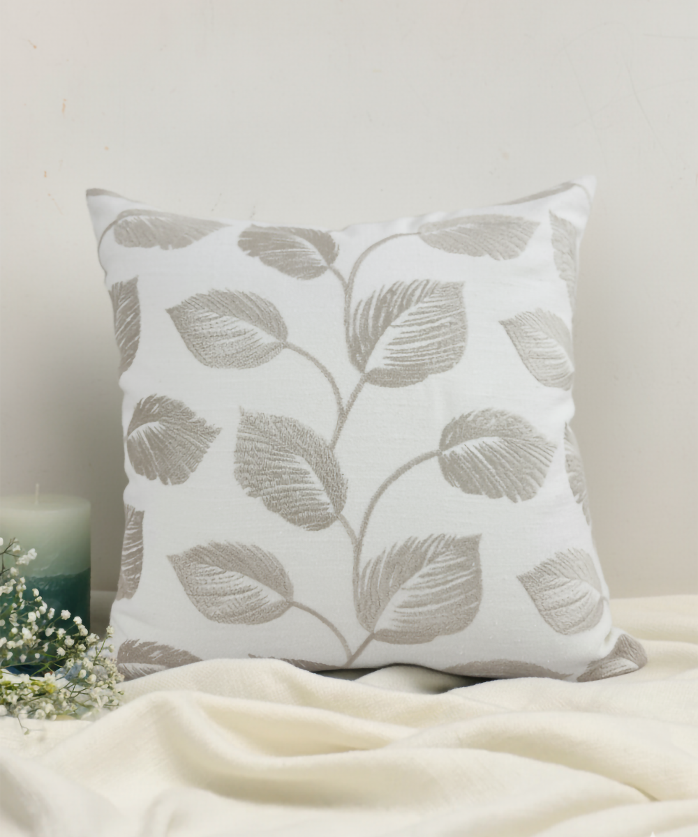 Cream & Beige Leaf All over Embroidered Cotton Cushion Cover (16x16 Inches)