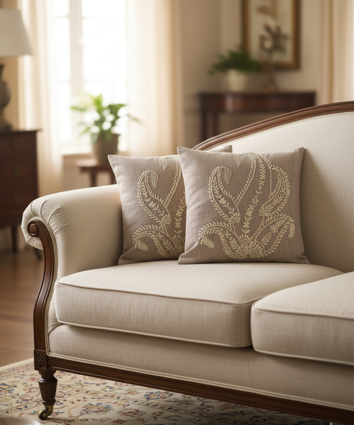 Light Brown Paisley Hand Embroidered Cushion Cover (16 x 16 Inches)