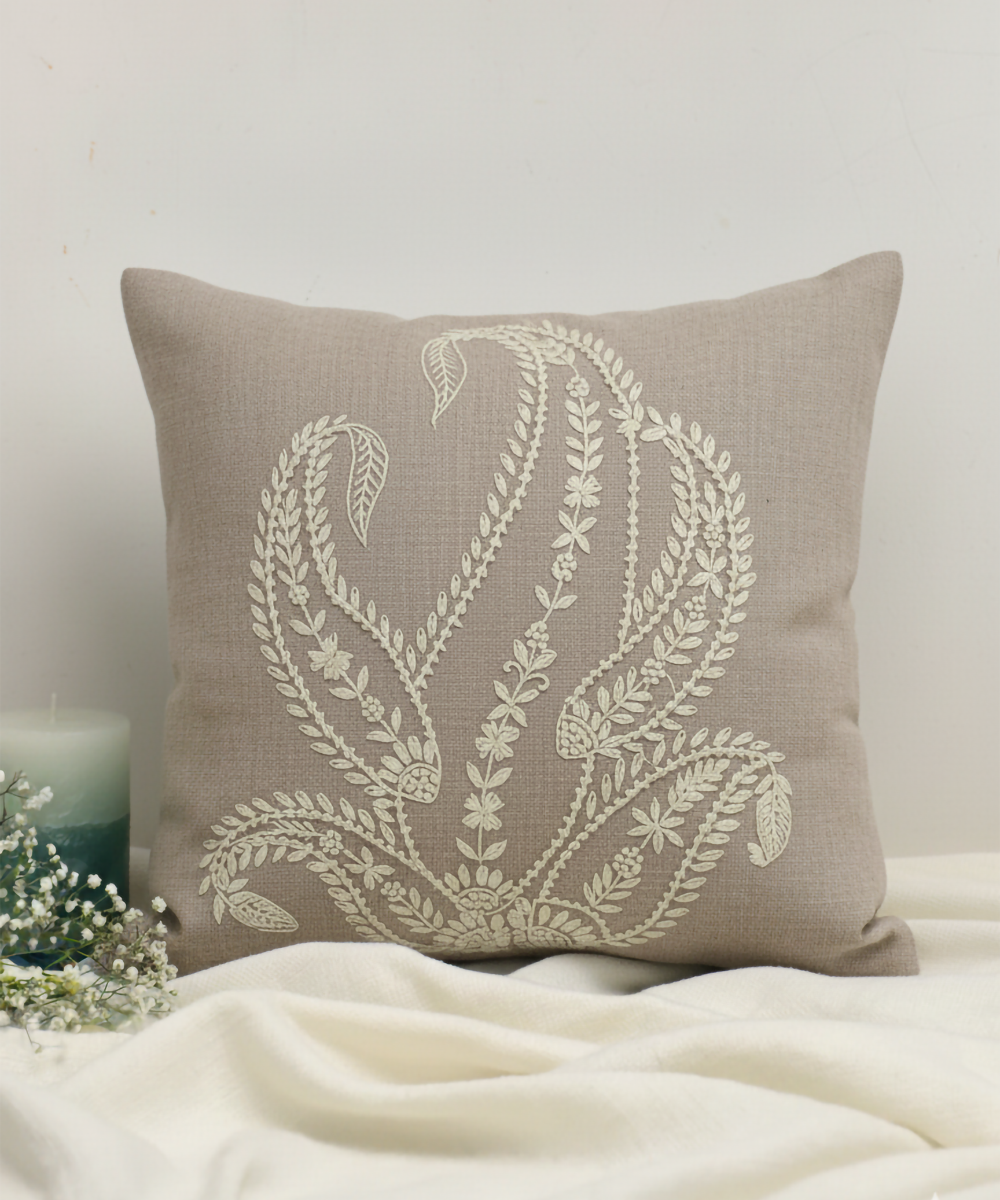 Light Brown Paisley Hand Embroidered Cushion Cover (16 x 16 Inches)