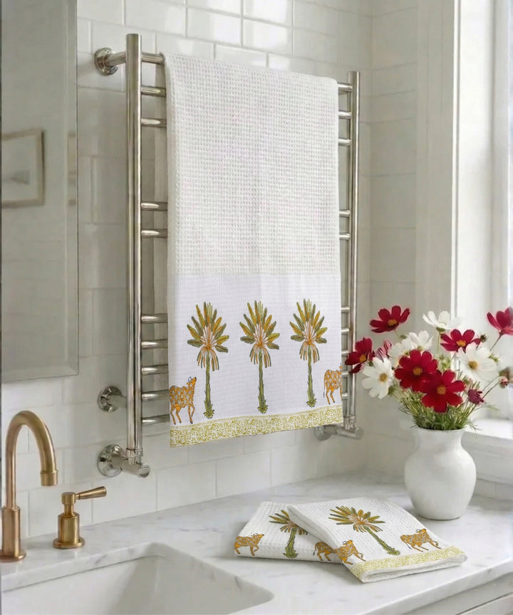 Block Printed 1 Pc Bath and 2 Pcs Hand Towel Set | White & Green Palm & Cow | Cotton Honeycomb