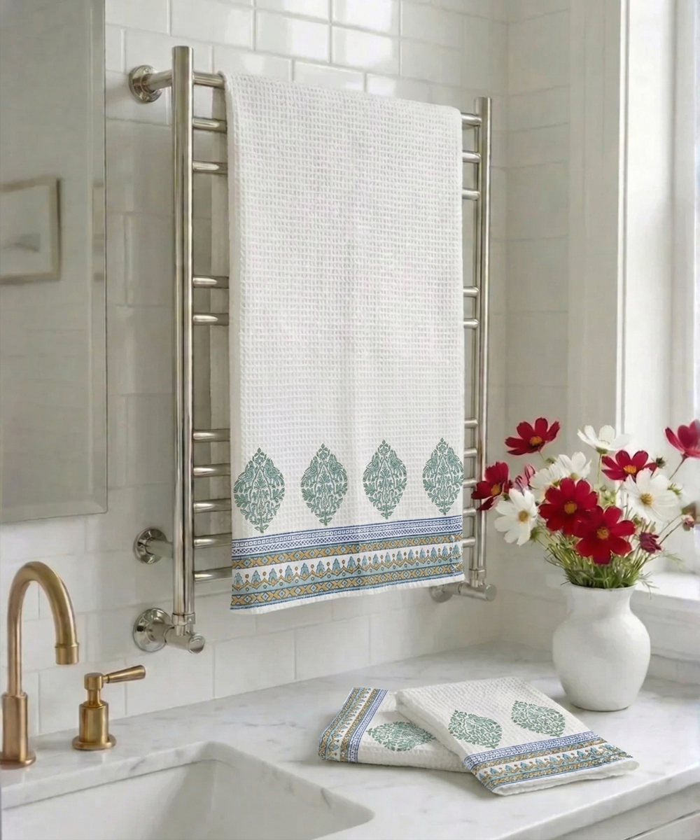 Block Printed 1 Pc Bath and 2 Pcs Hand Towel Set | White, Turq, Grey Honeycomb Fabric