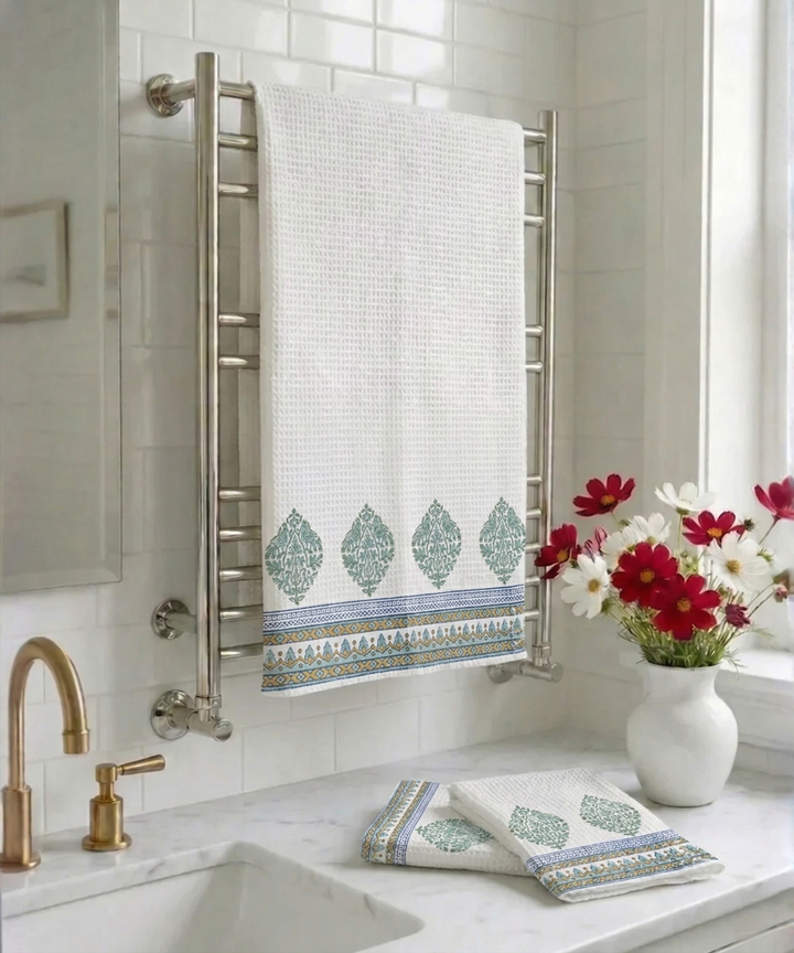Block Printed 1 Pc Bath and 2 Pcs Hand Towel Set | White,Turq,Grey Honeycomb Fabric