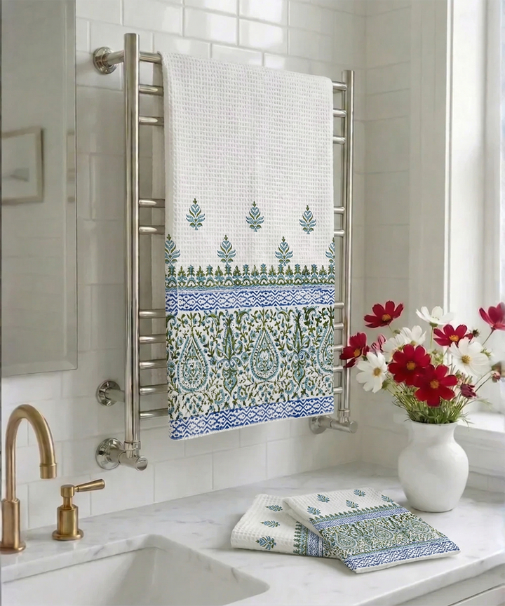 Block Printed 1 Pc Bath and 2 Pcs Hand Towel Set | Paisley Border Cotton Honeycomb Fabric