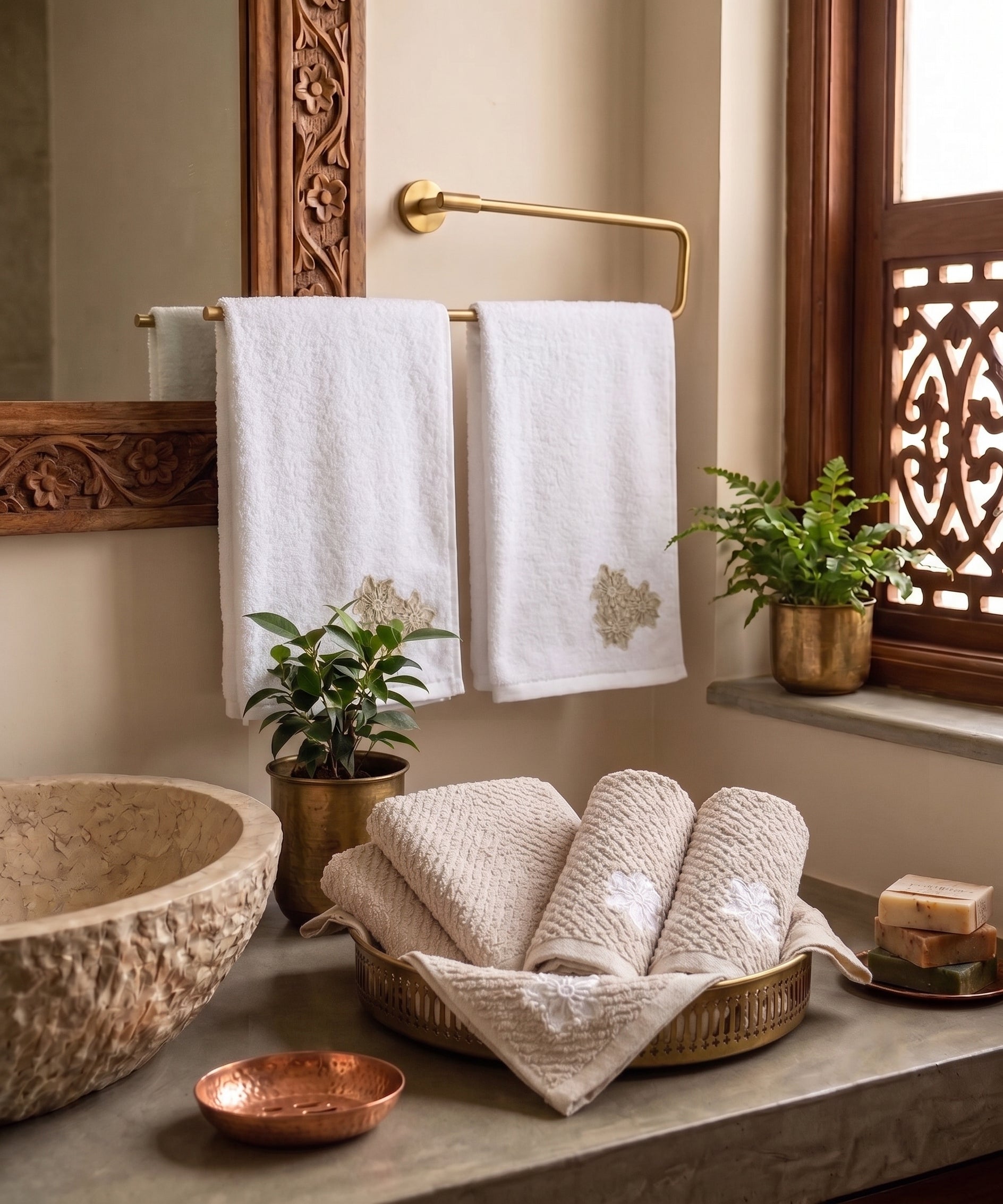 Set of 2 pcs Hand & 4 pcs Face Towels | Embroidered Cotton Waffle | White and Beige