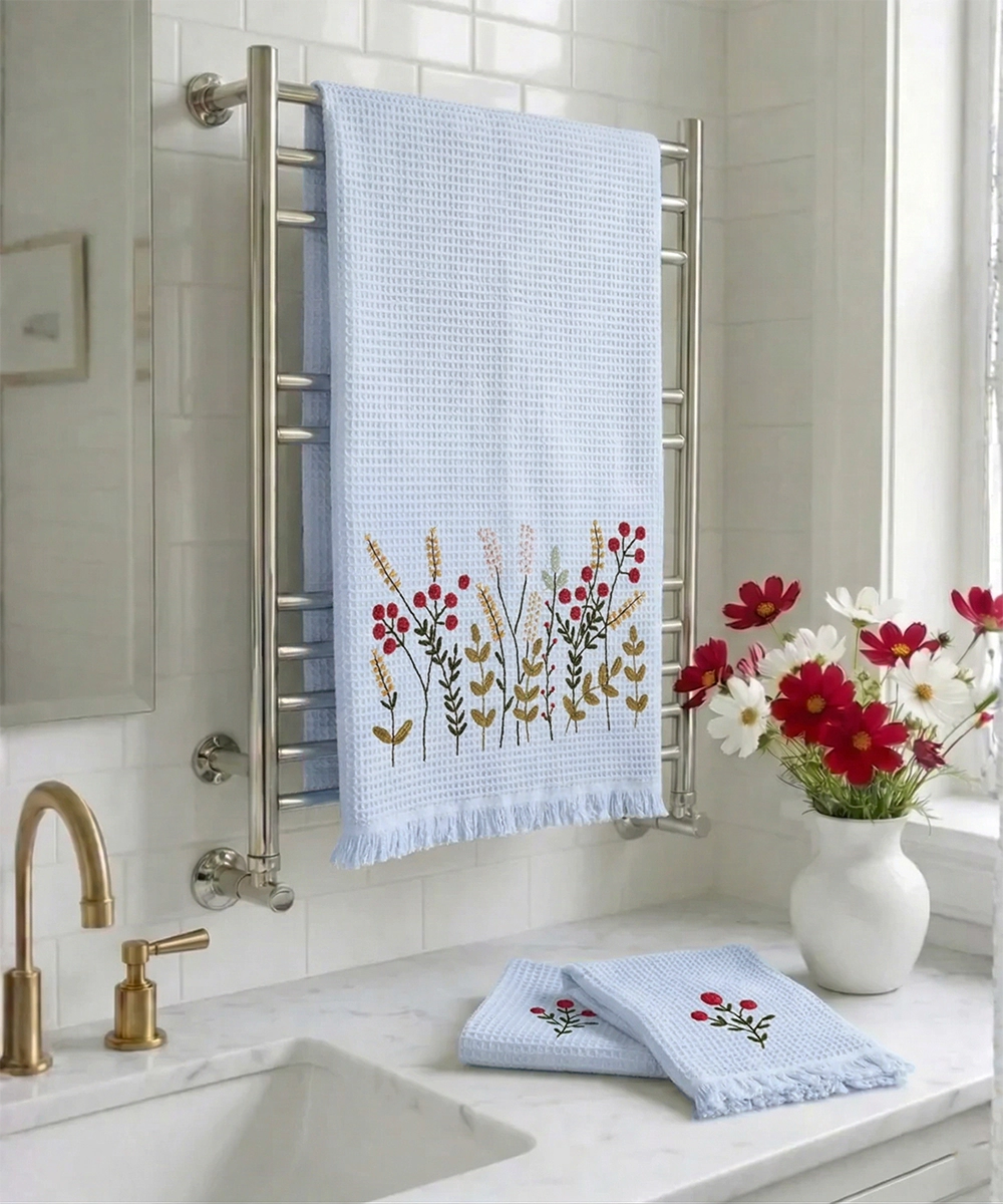 Embroidered 1 Pc Bath and 2 Pcs Hand Towel Set | Cotton Waffle Fabric | Light blue
