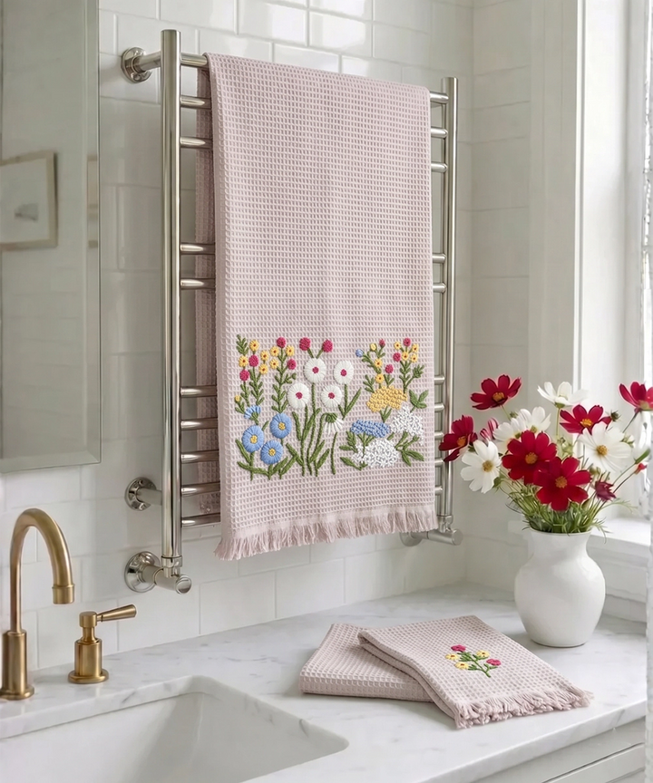 Embroidered 1 Pc Bath and 2 Pcs Hand Towel Set | Cotton Waffle Fabric | Dusty Pink