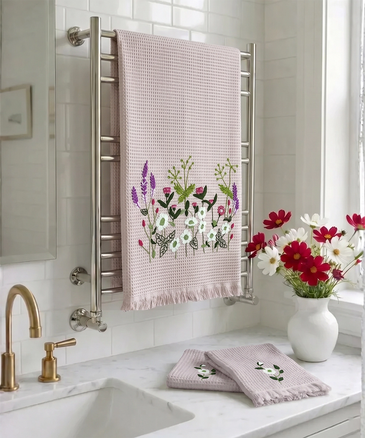 Embroidered 1 Pc Bath and 2 Pcs Hand Towel Set | Cotton Waffle Fabric | Dusty Pink