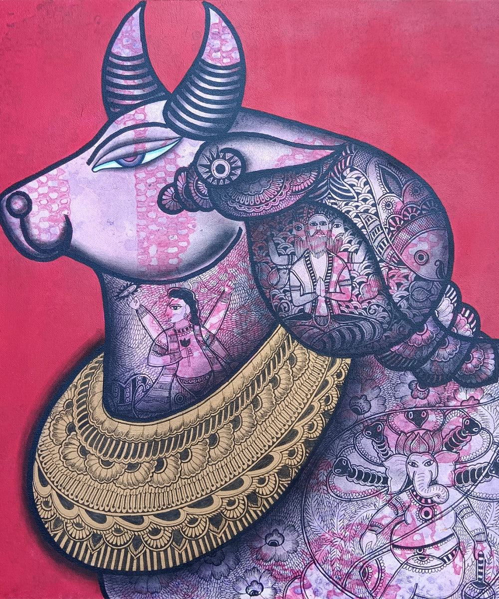 Deva- Vahana (The Divine Carrier) – Acrylic on Canvas Hand Printed Wall Art |24x24 Inches | Unframed