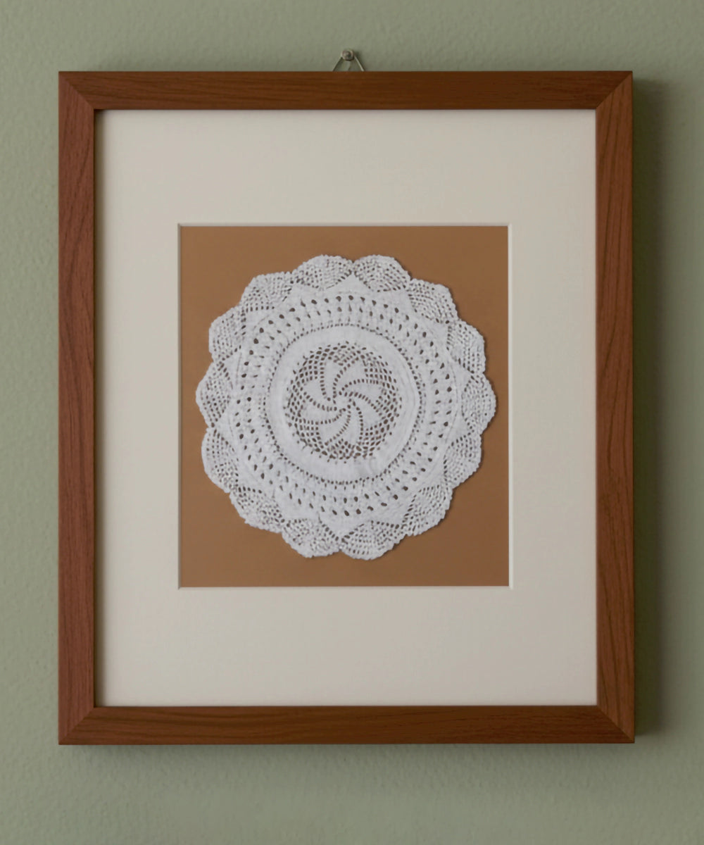 White Handmade Crochet (Dollies) Circular Textile Wall Art (Framed)