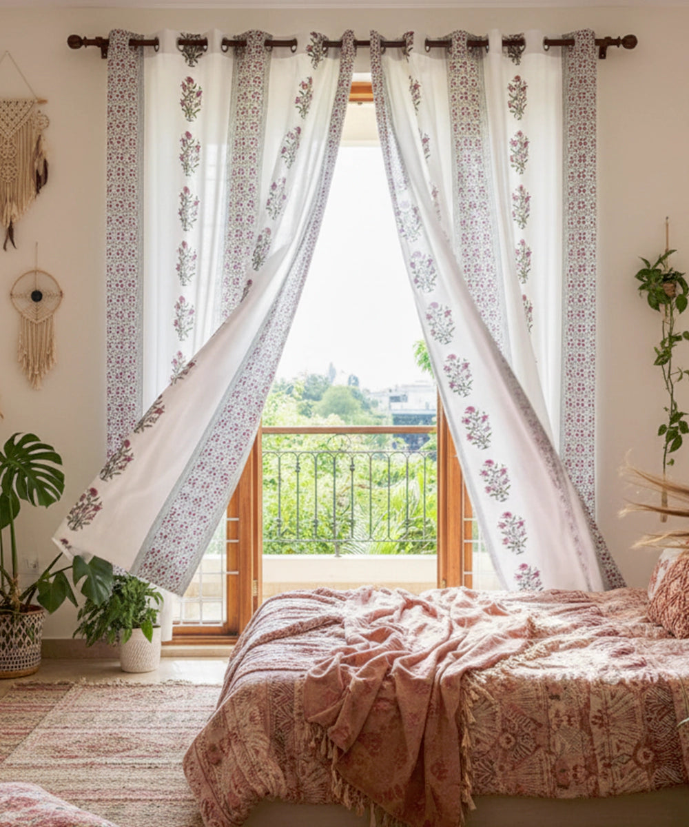 Off White, Green & Pink Floral Block Printed Cotton Curtain (7 feet)