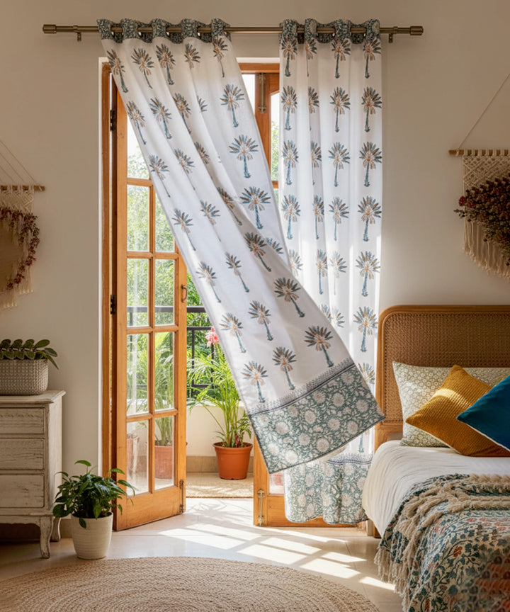 Off White & Blue Palm Block Printed Cotton Curtain (7 feet)