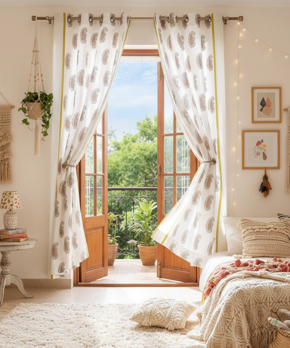 Off White & Olive Paisley Block Printed Cotton Curtain (7 feet)