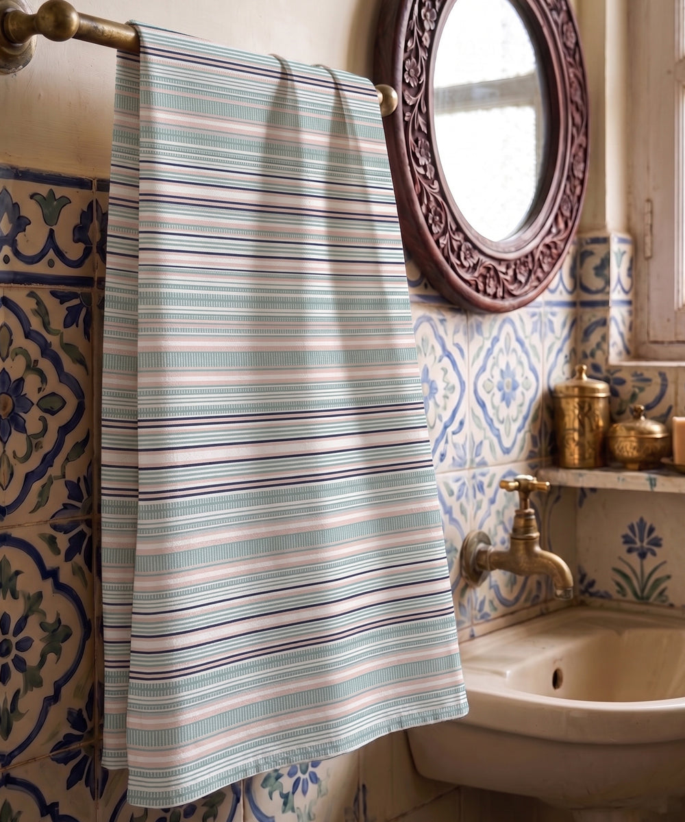 Yarn Dyed Bath Towel |Green & Peach Striped | Cotton Dobby