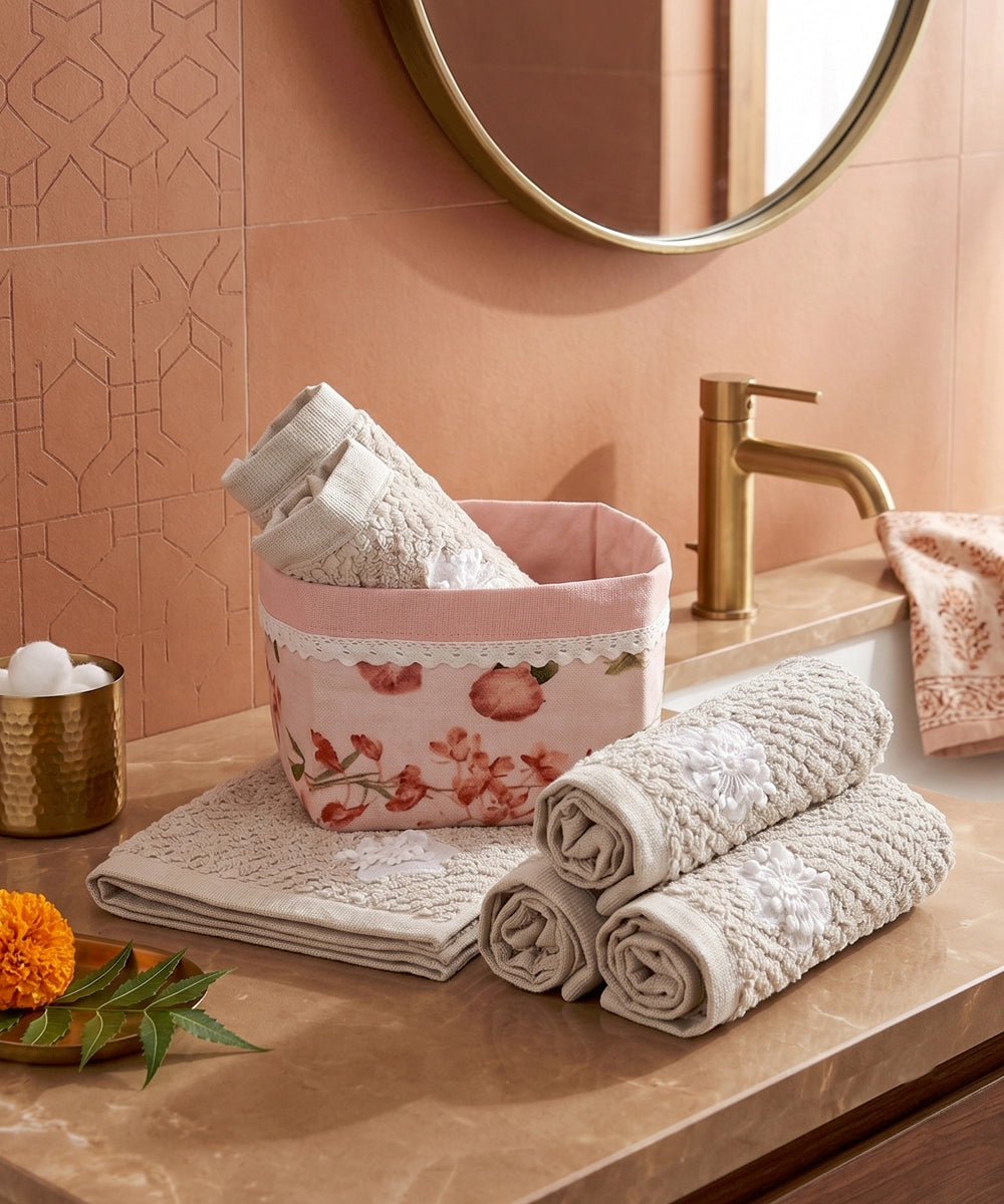 6-Piece Cotton Terry Face Towel Set with Appliqué & Printed Storage Basket