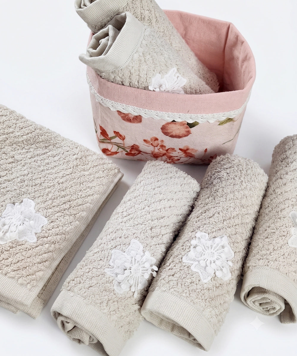 6-Piece Cotton Terry Face Towel Set with Appliqué & Printed Storage Basket