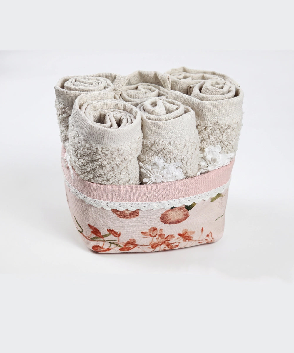 6-Piece Cotton Terry Face Towel Set with Appliqué & Printed Storage Basket