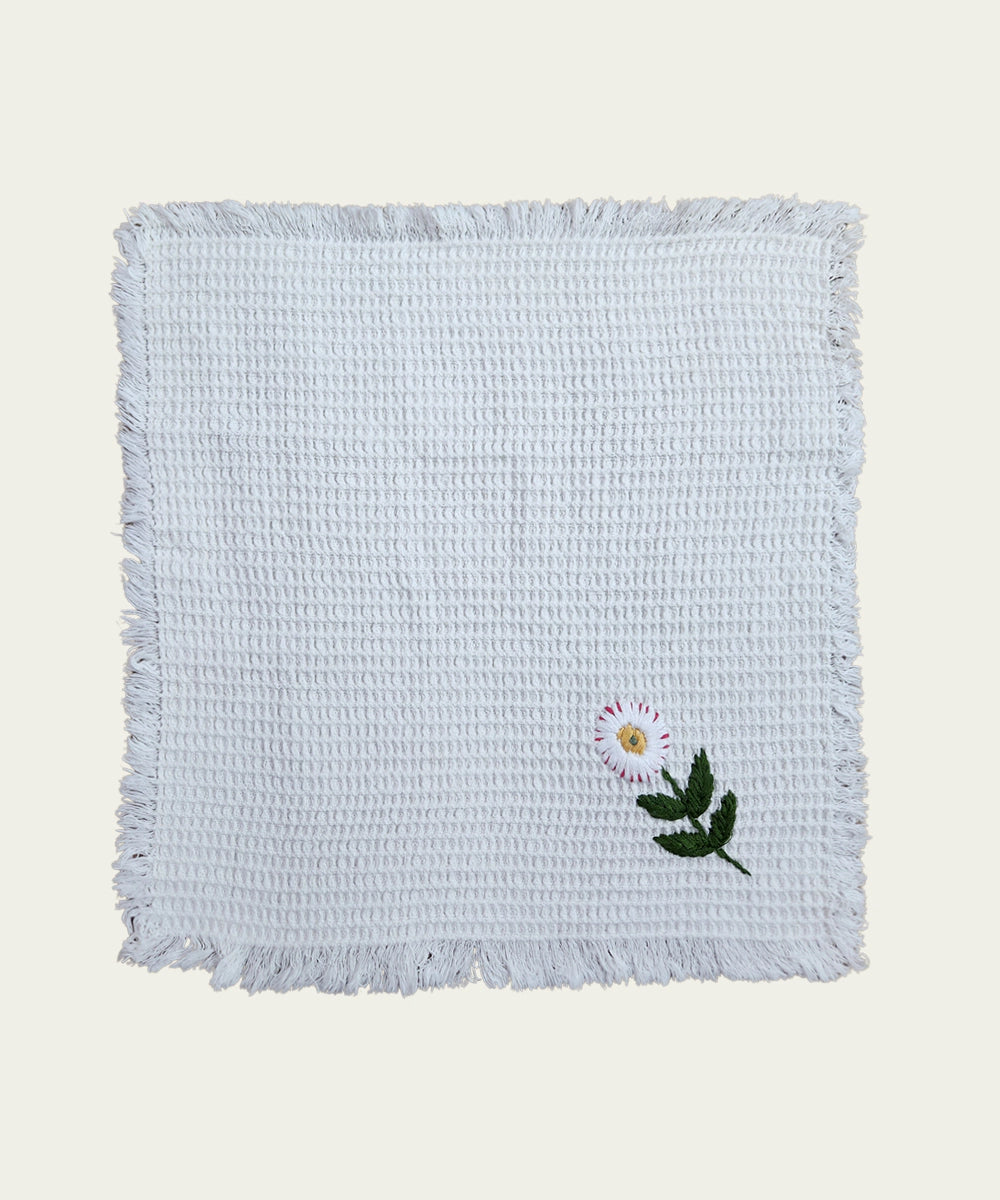 Embroidered Face Towel - Set of 4 pcs in Soft Cotton Waffle | White