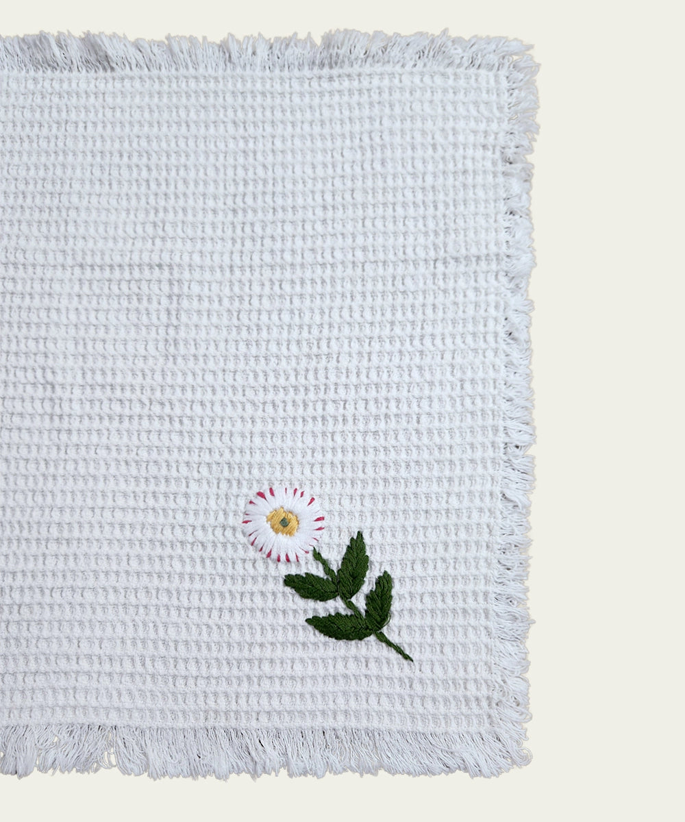 Embroidered Face Towel - Set of 4 pcs in Soft Cotton Waffle | White