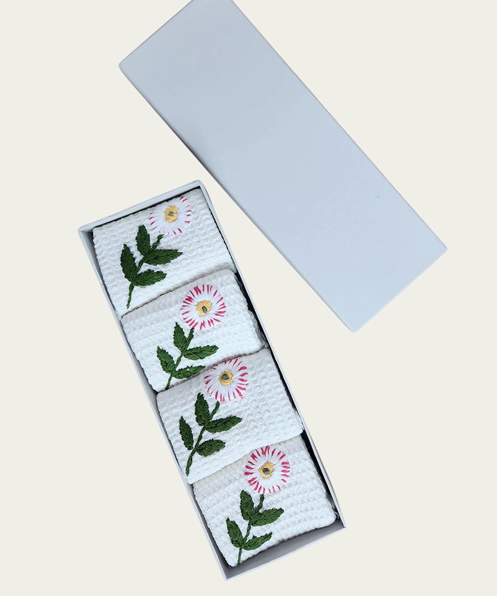 Embroidered Face Towel - Set of 4 pcs in Soft Cotton Waffle | White
