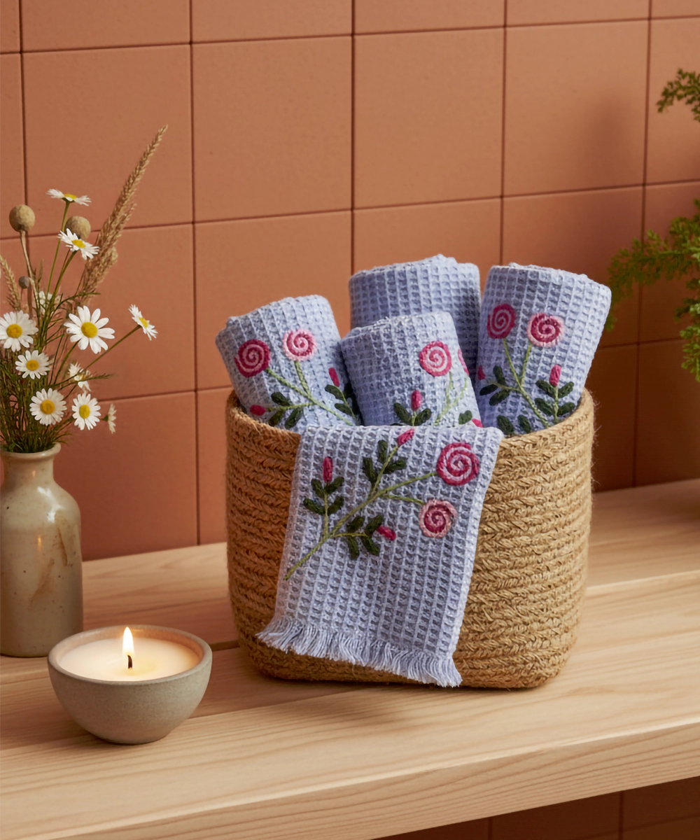 Set of 4 pcs Light Purple Embroidered Waffle Face Towel in a Box