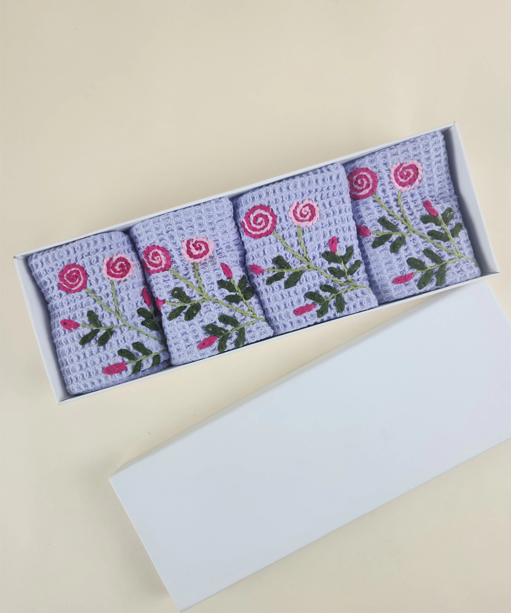 Set of 4 pcs Light Purple Embroidered Waffle Face Towel in a Box