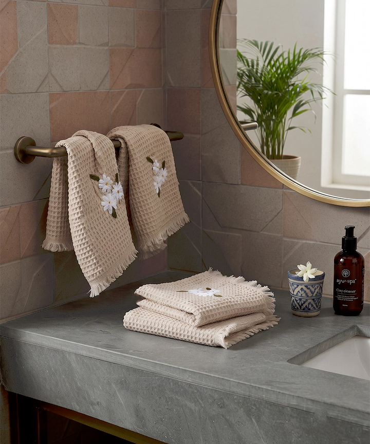 Embroidered Face Towel - Set of 4 pcs in Soft Cotton Waffle | Beige