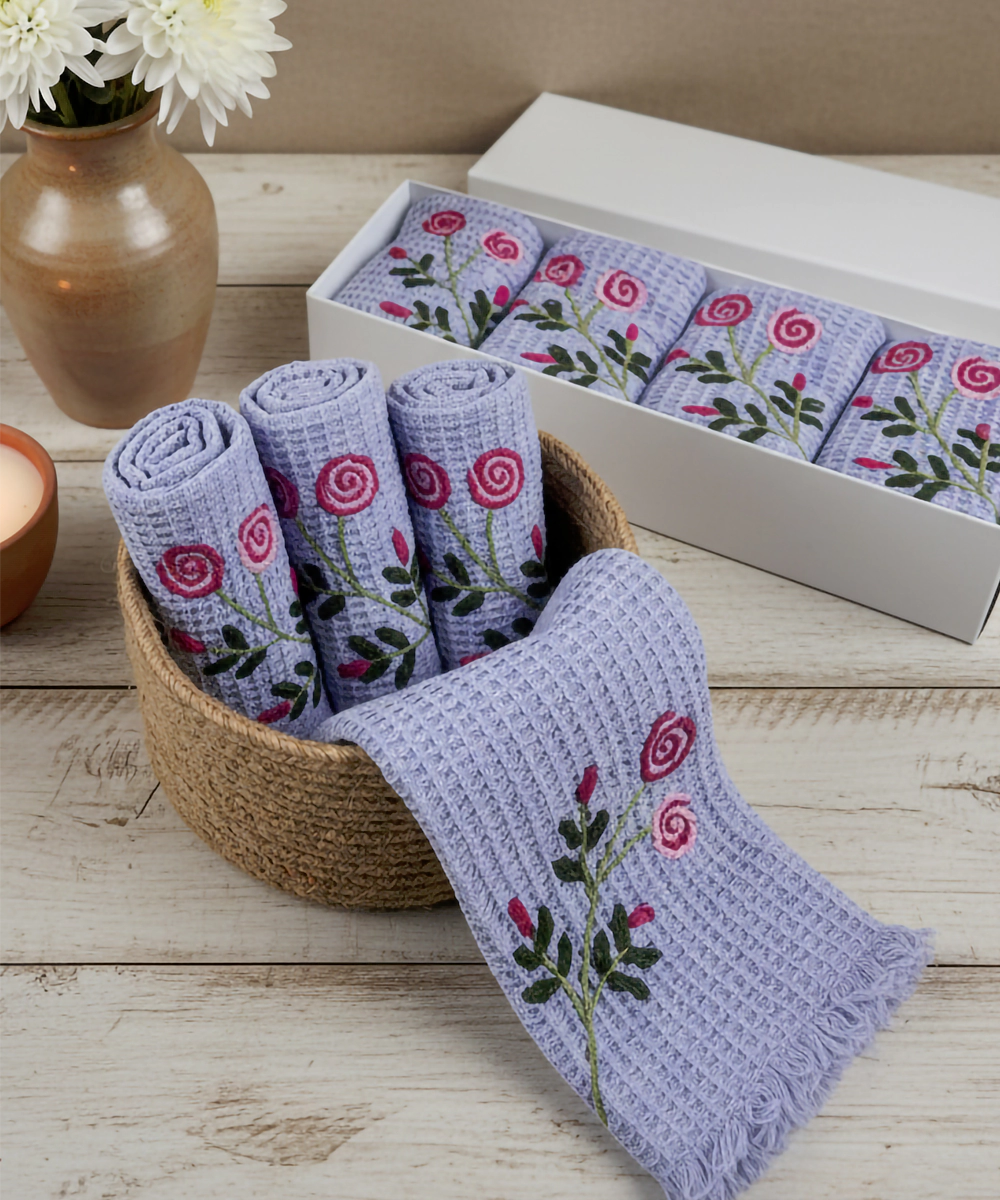 Set of 4 pcs Light Purple Embroidered Waffle Face Towel in a Box