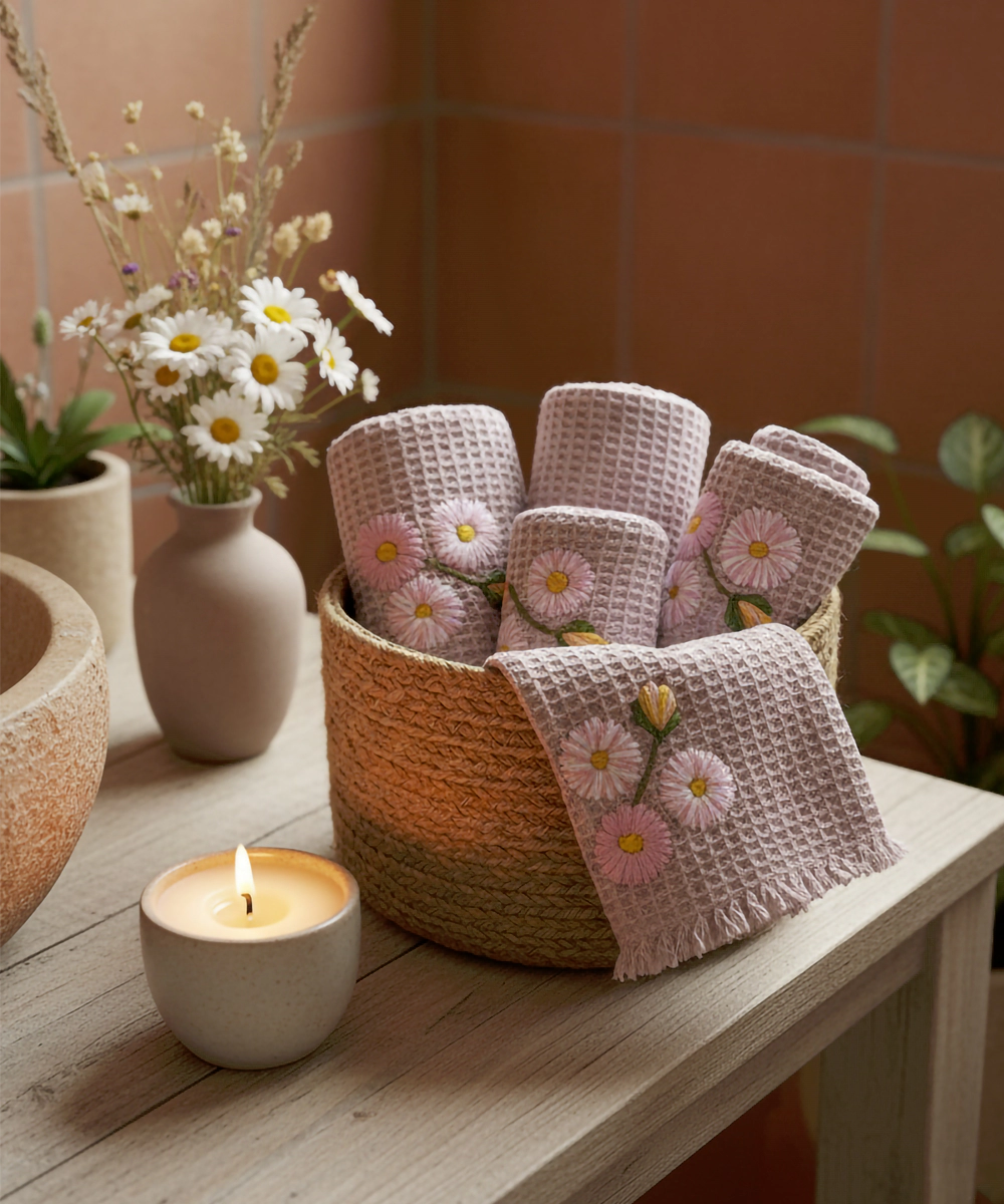 Set of 4 pcs Pink Embroidered Waffle Face Towel in a Box