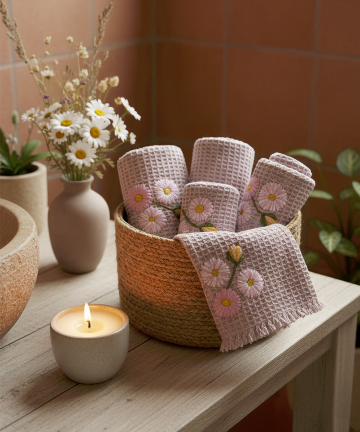 Buy 4 pcs Pink Embroidered Waffle Face Towel Online