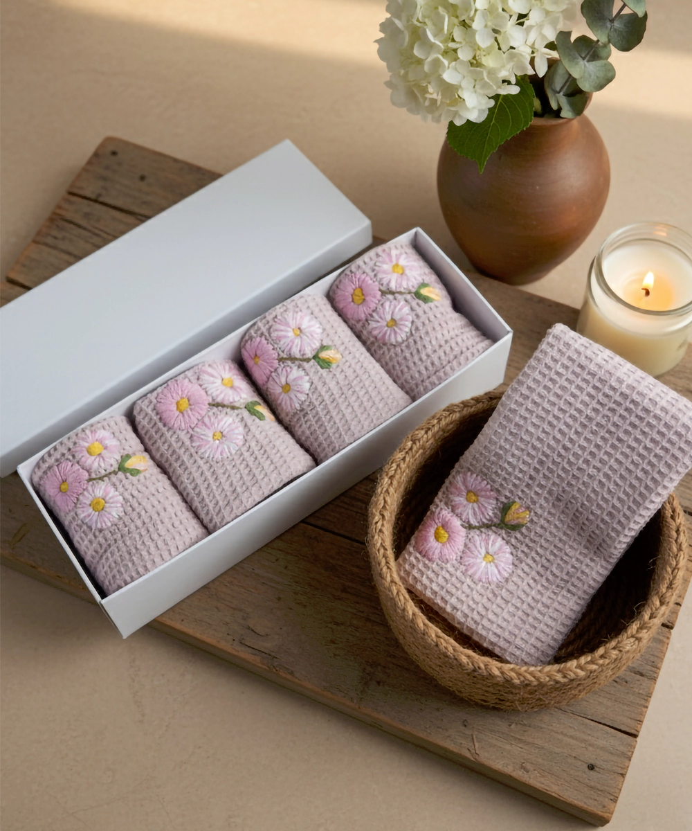 Set of 4 pcs Pink Embroidered Waffle Face Towel in a Box