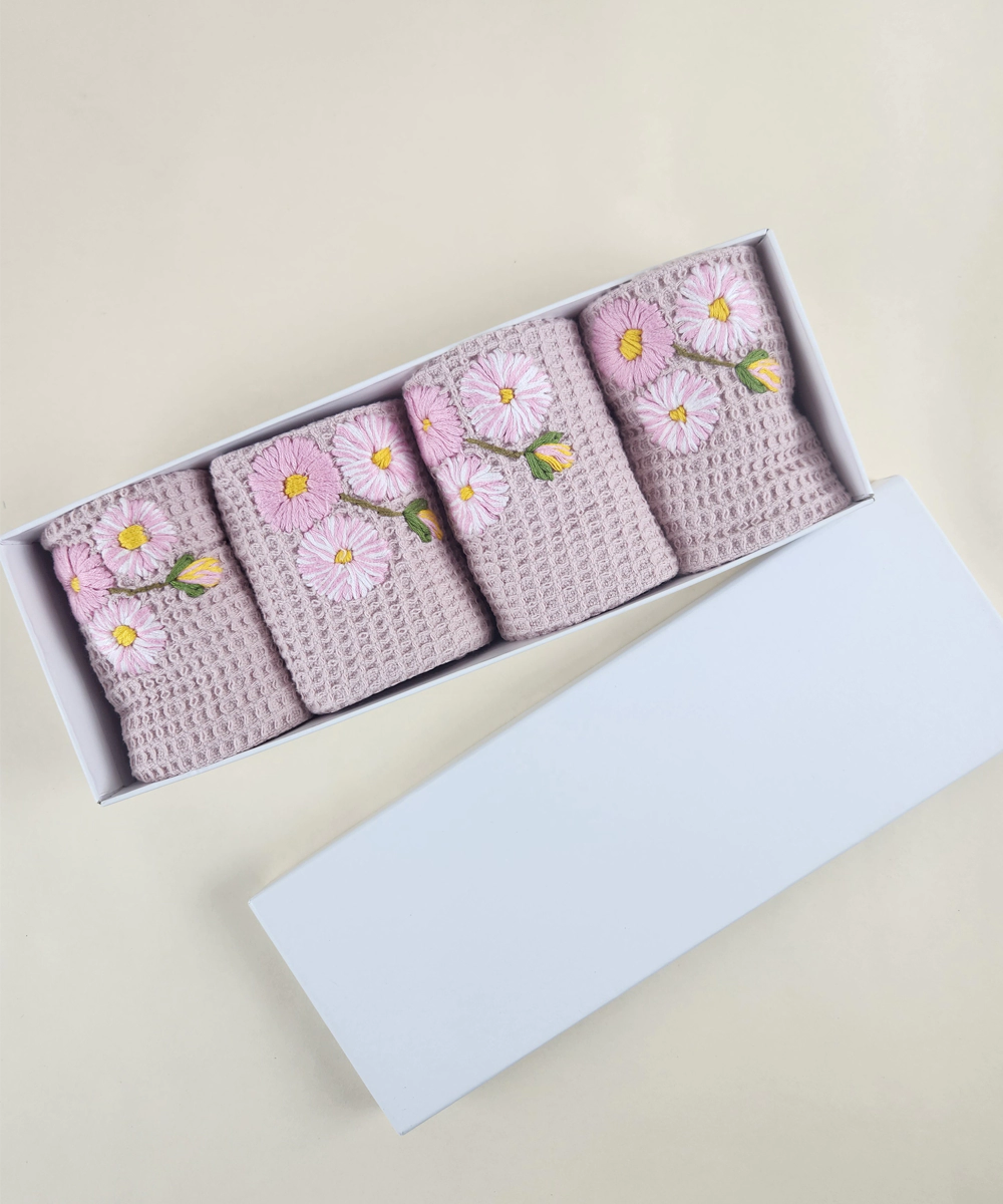 Set of 4 pcs Pink Embroidered Waffle Face Towel in a Box