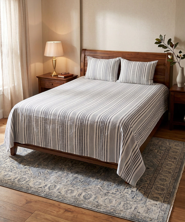 White & Grey Stripe Yarn Dye Cotton King Bedsheet with 2 Pillow Covers