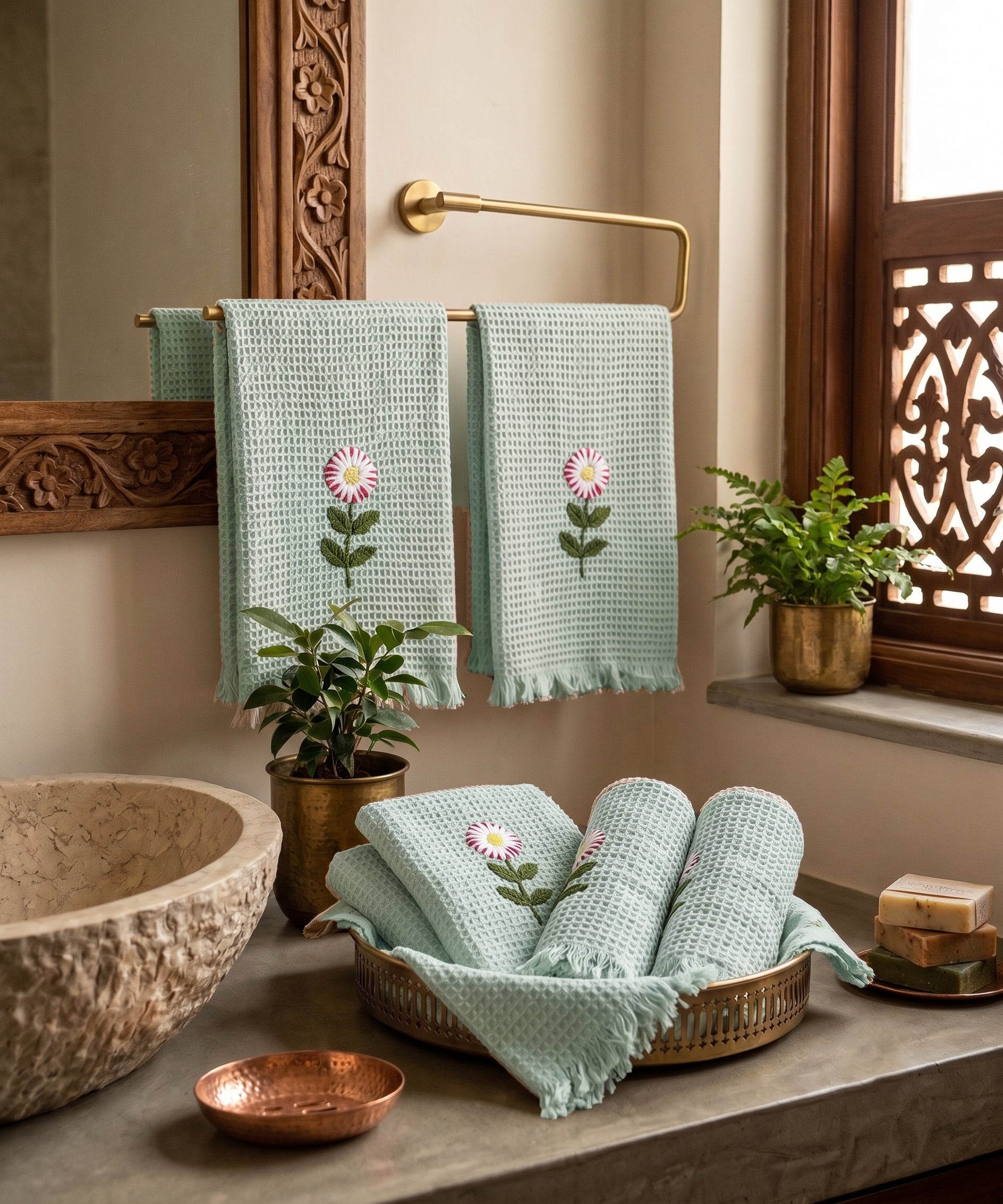 Set of 2 pcs Hand & 4 pcs Face Towels | Embroidered Cotton Waffle | Sage Green
