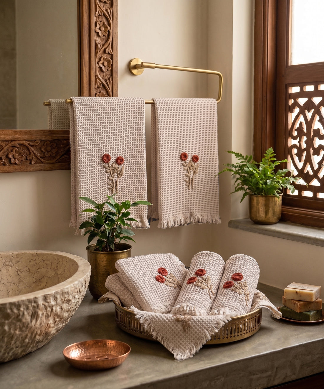 Set of 2 pcs Hand & 4 pcs Face Towels | Embroidered Cotton Waffle | Beige