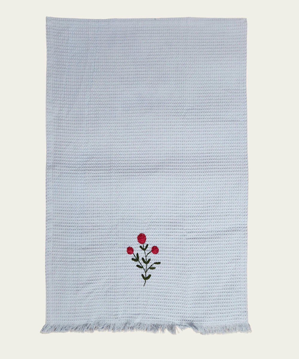 Embroidered Hand Towel - Set of 2 pcs in Soft Cotton Waffle | Light Blue