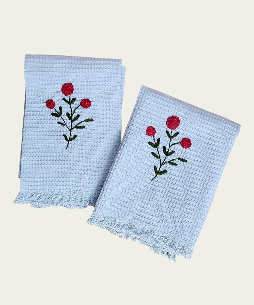 Embroidered Hand Towel - Set of 2 pcs in Soft Cotton Waffle | Light Blue