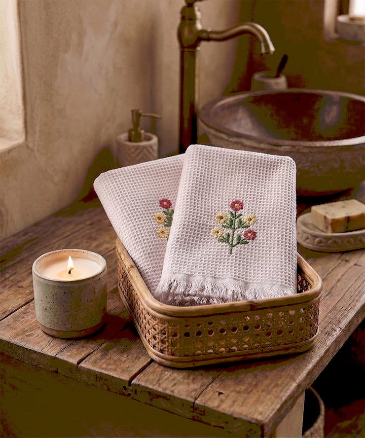 Embroidered Hand Towel - Set of 2 pcs in Soft Cotton Waffle | Dusty Pink