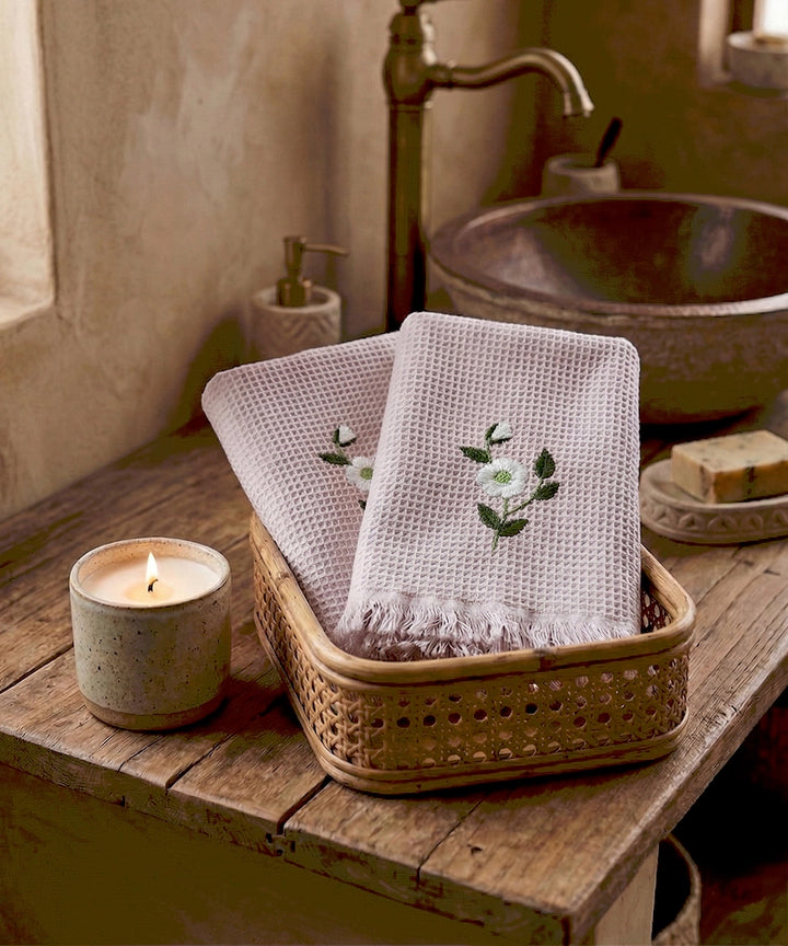 Embroidered Hand Towel - Set of 2 pcs in Soft Cotton Waffle | Dusty Pink