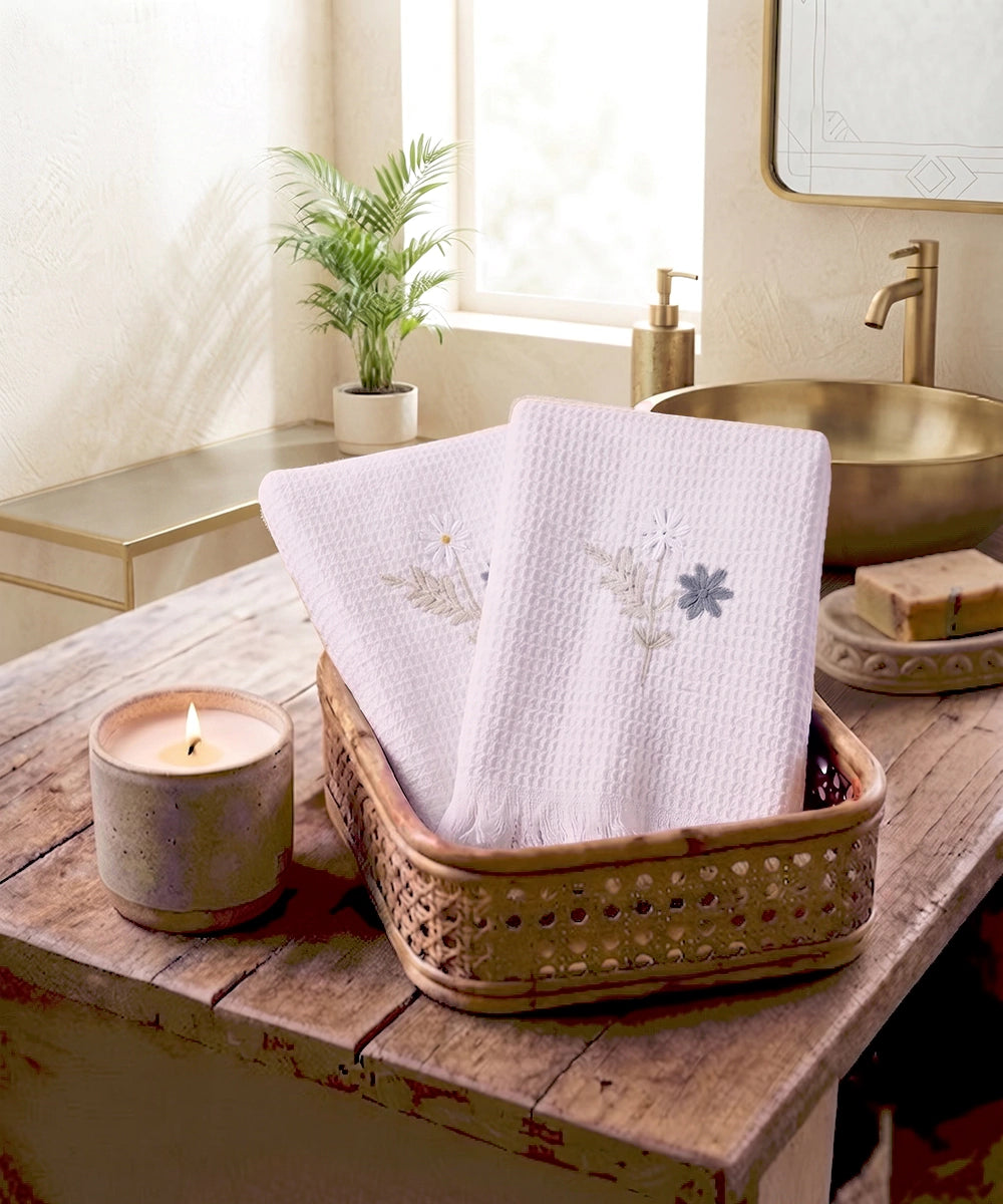 Embroidered Hand Towel - Set of 2 pcs in Cotton Waffle | White & Grey