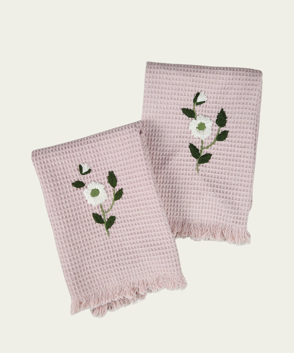 Embroidered Hand Towel - Set of 2 pcs in Soft Cotton Waffle | Dusty Pink