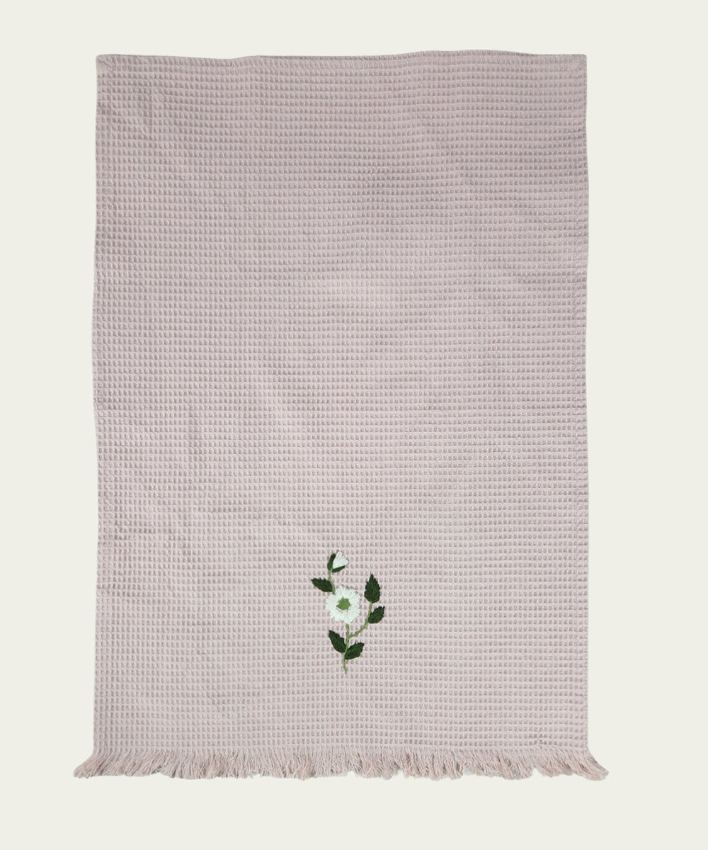 Embroidered Hand Towel - Set of 2 pcs in Soft Cotton Waffle | Dusty Pink
