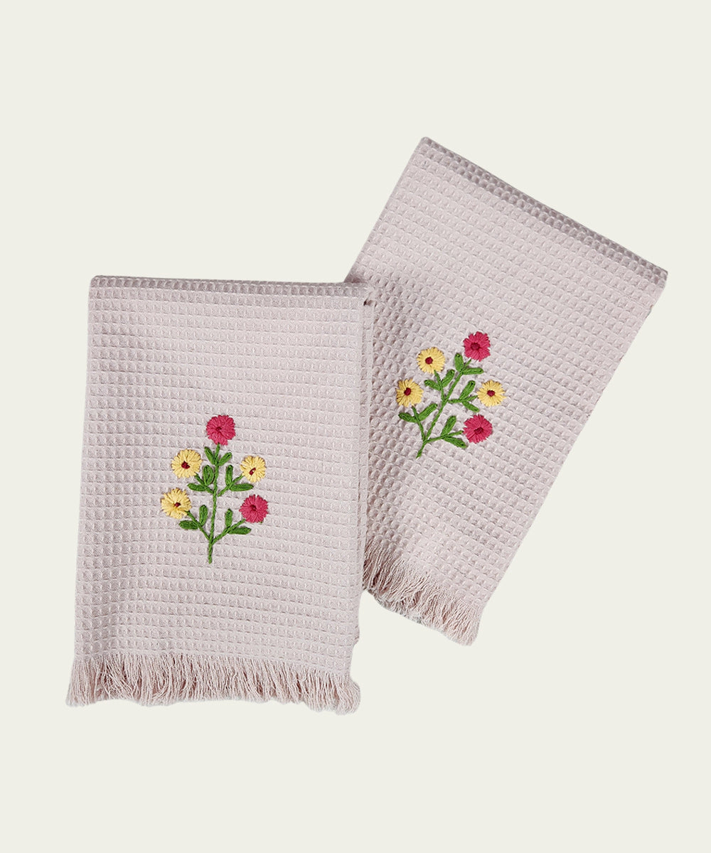 Embroidered Hand Towel - Set of 2 pcs in Soft Cotton Waffle | Dusty Pink