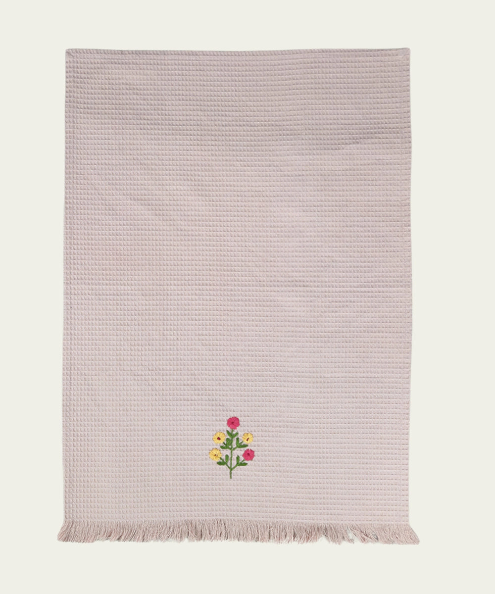 Embroidered Hand Towel - Set of 2 pcs in Soft Cotton Waffle | Dusty Pink